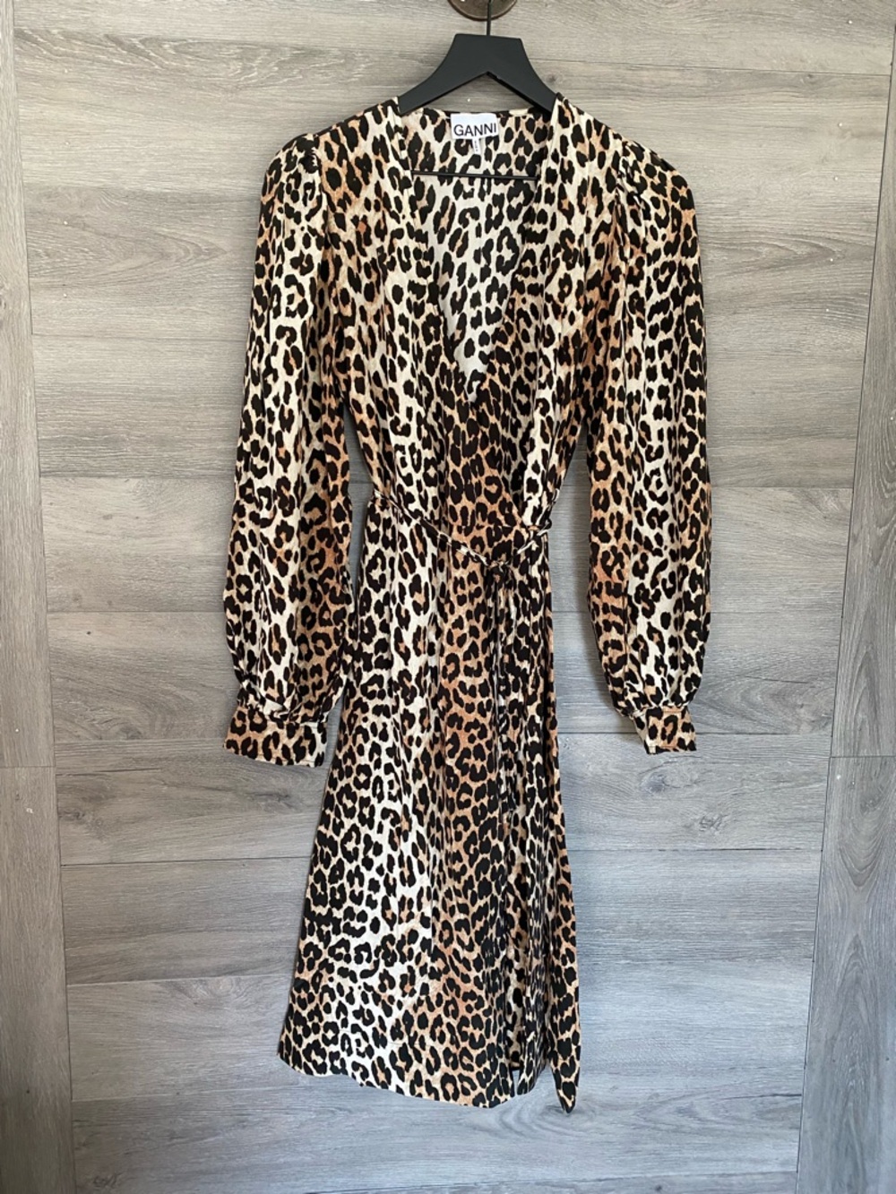 GANNI Silk Wrap Midi Dress Animal Print
